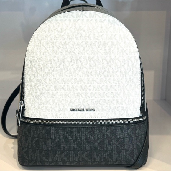 Michael Kors Rhea Medium Color-Block Signature Logo Backpack Optic White Multi - Picture 3 of 8